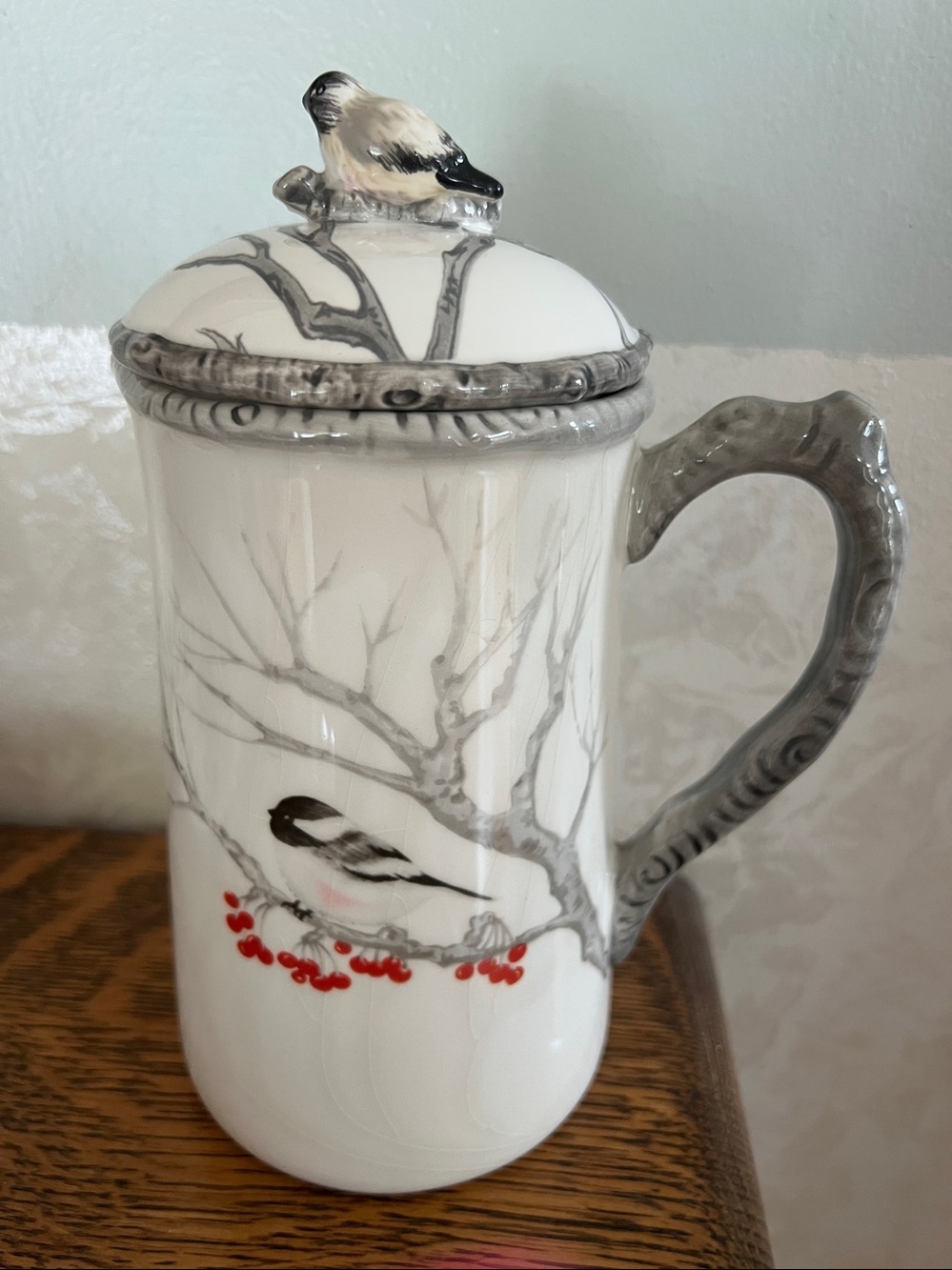 Kate Williams Winter Chickadee Porcelain Lidded Bird Pitcher Vintage Collectors